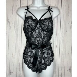 RSLOVE Women’s Size XXL Black Lace Teddy Lingerie Bodysuit Bow tie Ribbon Belt